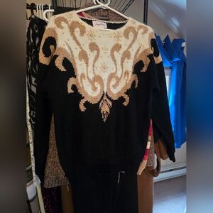 Jaclyn Smith Black Sweater with Cream and Tan Scroll Yoke